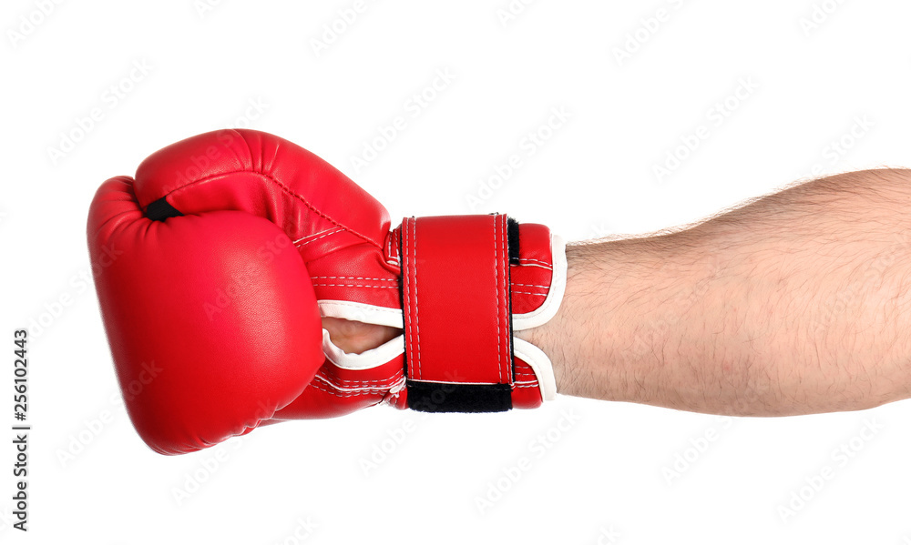 Man in boxing glove on white background, closeup