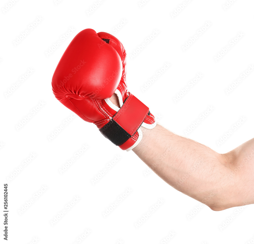 Man in boxing glove on white background, closeup