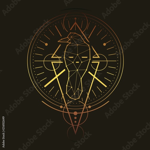 Mystical geometry symbol. Linear alchemy, occult, philosophical sign. Low poly raven. For music album cover, poster, sacramental design. Astrology and religion concept.