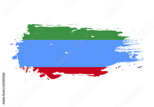 Grunge brush stroke with Dagestan national flag. Watercolor painting flag. Symbol, poster, banner of the national flag. Vector Isolated on white background.