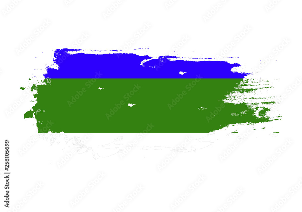 Fototapeta premium Grunge brush stroke with Komi national flag. Watercolor painting flag. Symbol, poster, banner. Vector Isolated on white background.