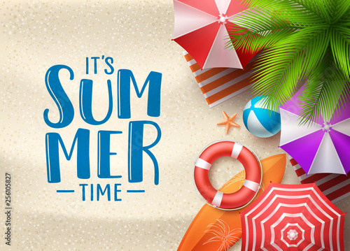 It's summer time vector seascape background. Summer time text with beach umbrella, palm tree and colorful summer season elements in the sand. Vector illustration.