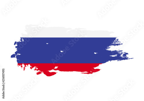 Grunge brush stroke with Russia national flag. Watercolor painting flag. Symbol, poster, banner. Vector Isolated on white background.