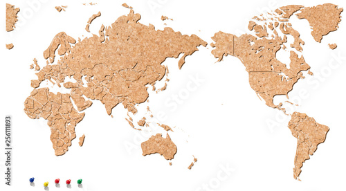コルクの世界地図とマーキング用押しピン