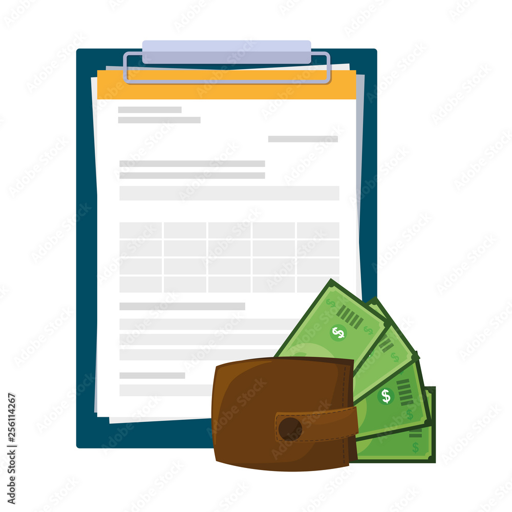 wallet with bills dollars and clipboard documents wallet with bills dollars and clipboard documents