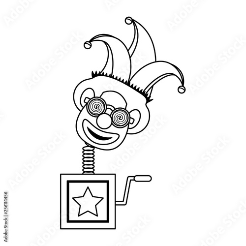 Joke suprise box with clown cartoon in black and white