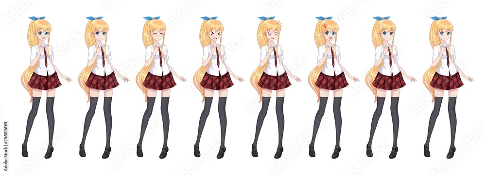 Fototapeta premium Anime manga schoolgirl plaid red skirt tie pattern