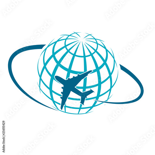 Airliner flying around the planet a symbol of international air travel.