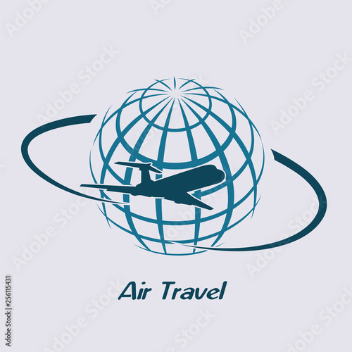 Airliner flying around the planet a symbol of international air travel.