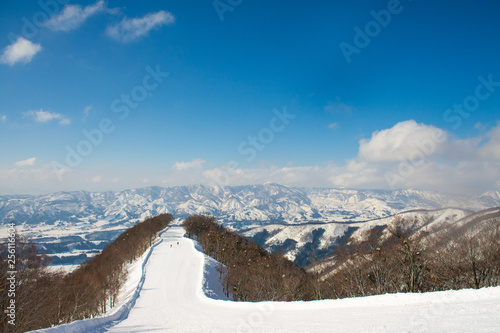 Landscape and Mountain view of Nozawa Onsen in winter , Nagano, Japan.