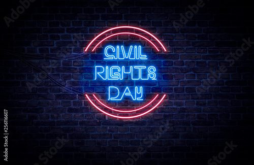 A red and blue neon light sign that reads: Civil Rights Day photo