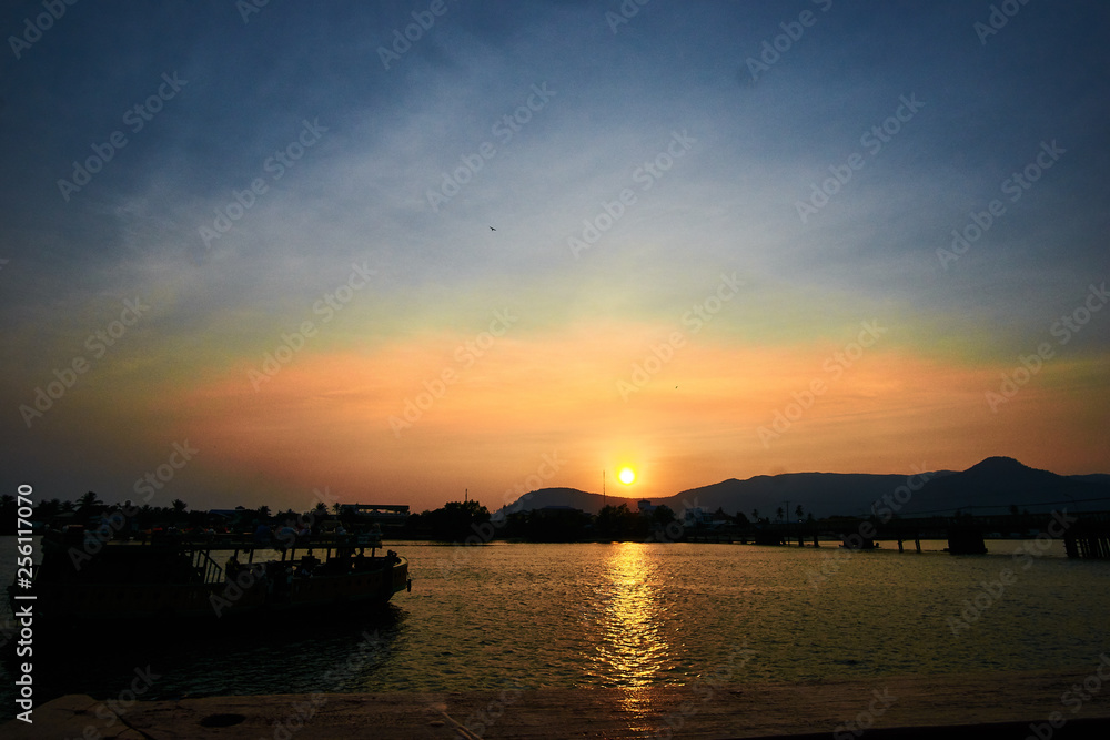 Peaceful Sunset over mountain in Kampot Cambodia