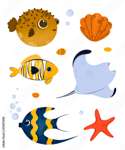 Underwater life elements. Cute ocean animals and corals. Use for postcard, print, packaging, etc.
