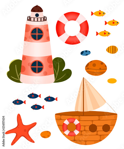 Underwater life elements. Cute ocean animals and corals. Use for postcard, print, packaging, etc.