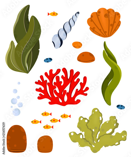 Underwater life elements. Cute ocean animals and corals. Use for postcard, print, packaging, etc.
