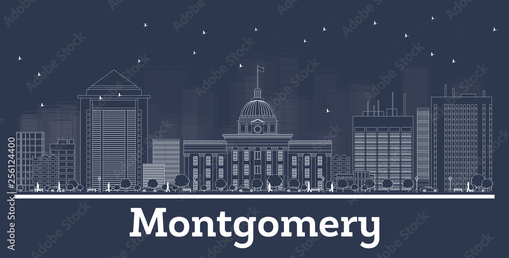 Outline Montgomery Alabama City Skyline with White Buildings.