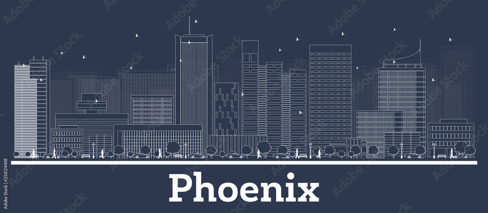 Outline Phoenix Arizona City Skyline with White Buildings.