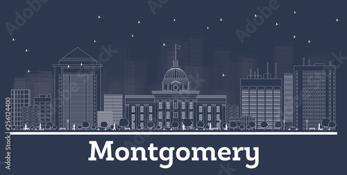 Outline Montgomery Alabama City Skyline with White Buildings.