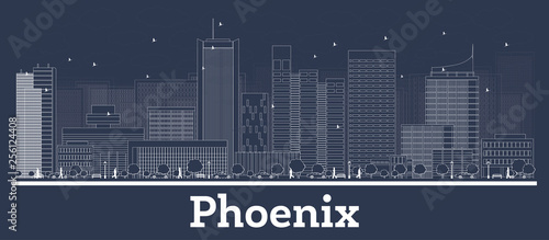 Outline Phoenix Arizona City Skyline with White Buildings.