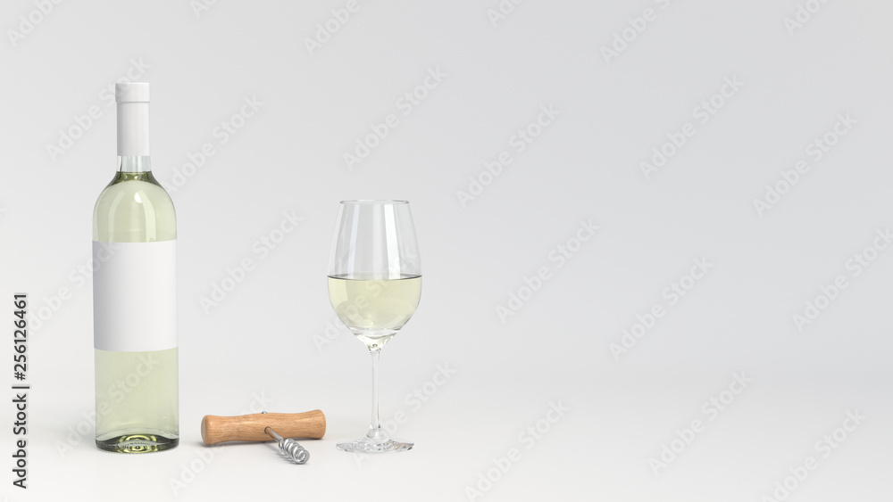 Mockup of bottle of wine with glass and corkscrew Mockup of bottle of wine with glass and corkscrew