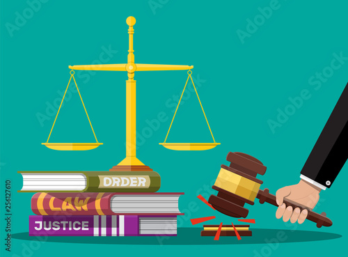 Law code books, justice scales and judge gavel. Law judgment punishment order justice. Wooden hammer. Legal and legislation authority. Vector illustration in flat style