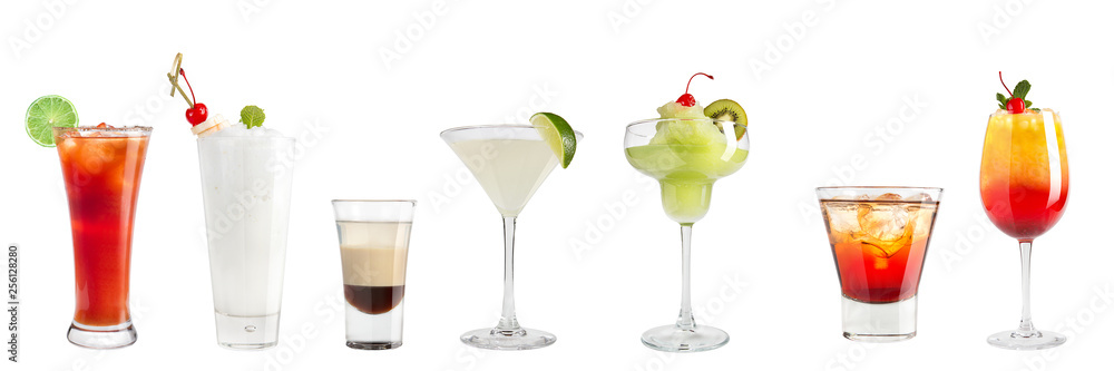 Set of a variety of refreshing cocktails on a white background. Isolated. Set of a variety of refreshing cocktails on a white background. Isolated.