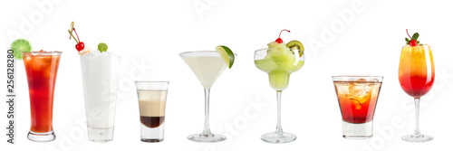 Set of a variety of refreshing cocktails on a white background. Isolated.