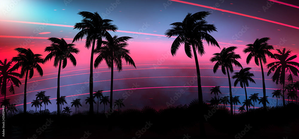 Obraz premium Night landscape with stars, sunset, stars. Silhouette coconut palm trees Vintage tone. Lights of the night city, neon, coast.