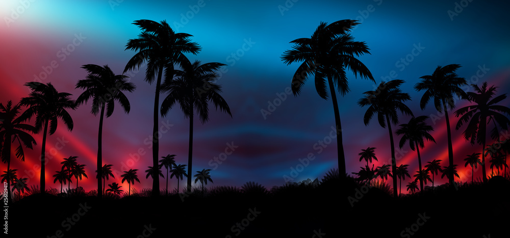 Night landscape with stars, sunset, stars. Silhouette coconut palm trees Vintage tone. Lights of the night city, neon, coast. Night landscape with stars, sunset, stars. Silhouette coconut palm trees Vintage tone. Lights of the night city, neon, coast.