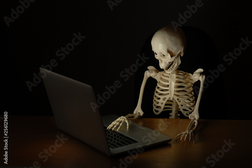 skeleton with skull working on laptop at night with amazement on his surprised face photo