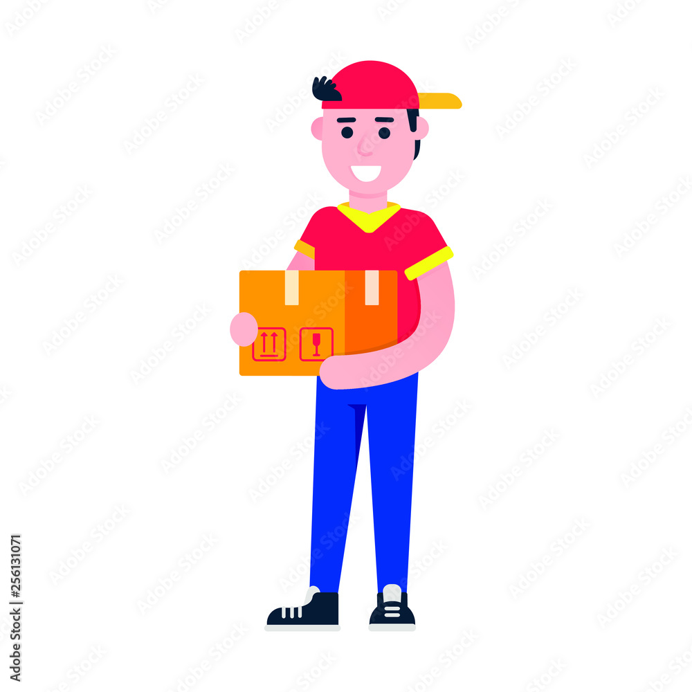 Fast delivery boy character flat style design vector illustration. Delivery boy with the box in his hands. Symbol of delivery company. fast and free. Fast delivery boy character flat style design vector illustration. Delivery boy with the box in his hands. Symbol of delivery company. fast and free.