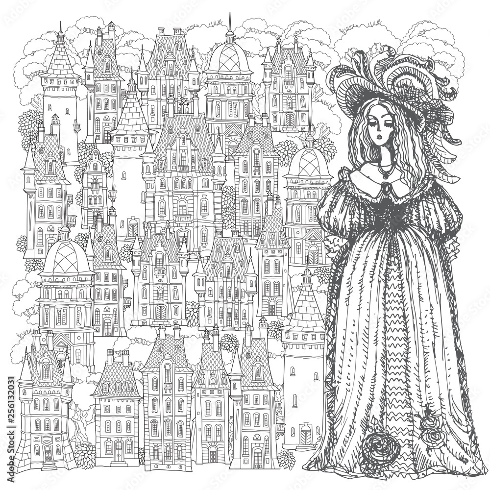 Fantasy landscape. Fairy tale castle, old medieval town, houses, tower