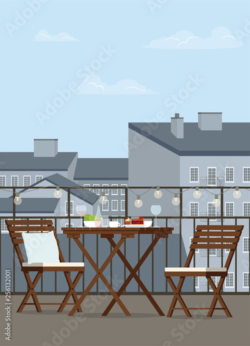 Wooden garden furniture on the balcony. Vector flat illustration.