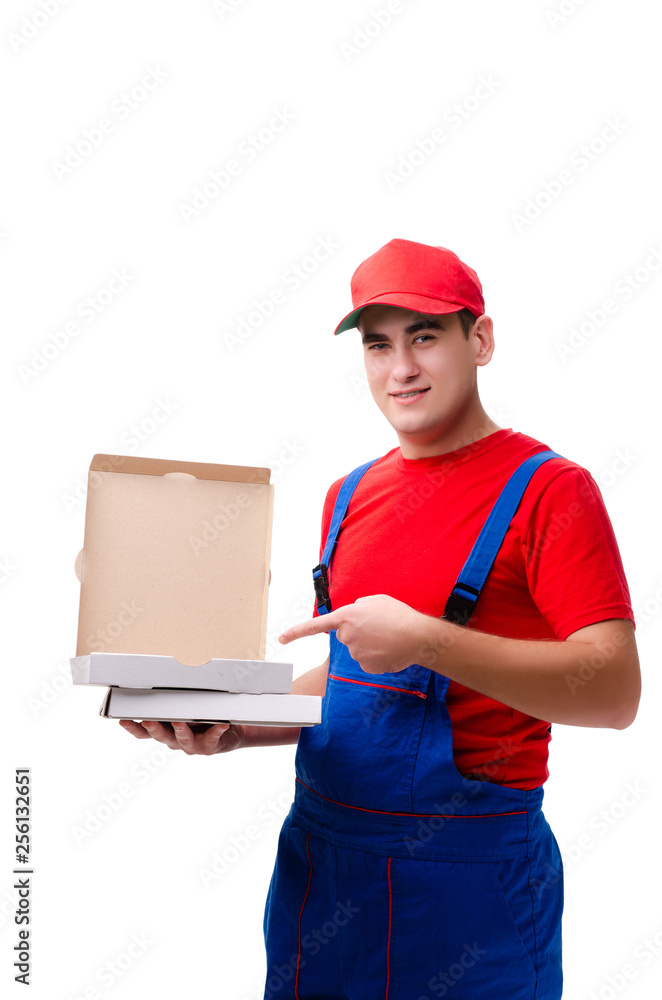 Pizza delivery worker isolated on white 