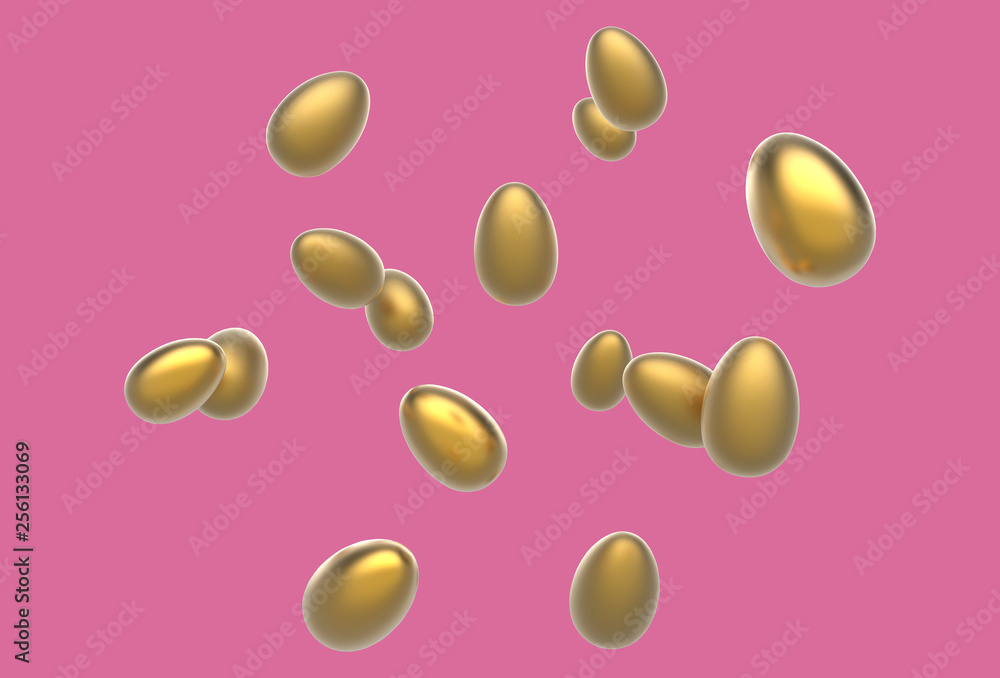 Golden Easter Eggs Flying on a pink background. Realistic 3D rendering. Golden Easter Eggs Flying on a pink background. Realistic 3D rendering.