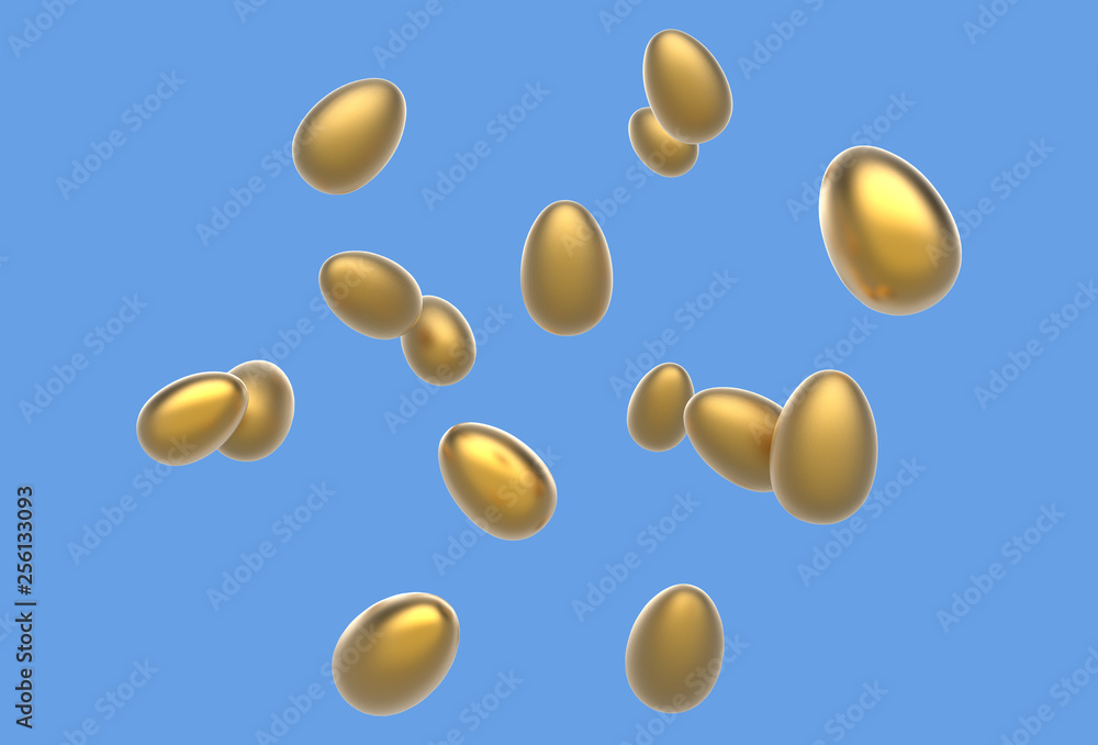 Golden Easter Eggs Flying on a blue background. Realistic 3d render. Golden Easter Eggs Flying on a blue background. Realistic 3d render.