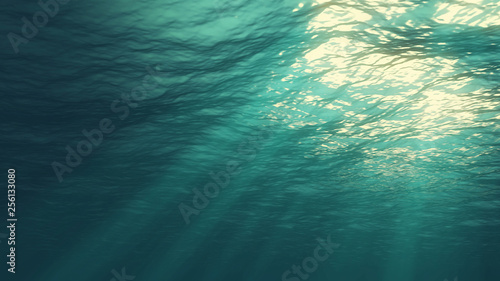 3D rendering of underwater light creates a beautiful solar curtain. Underwater ocean waves oscillate and flow with the rays of light