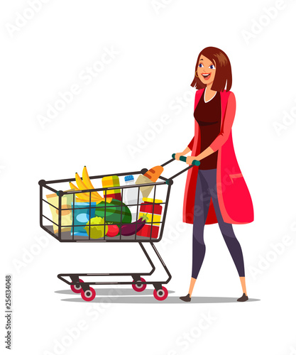 Woman with cart in supermarket vector illustration