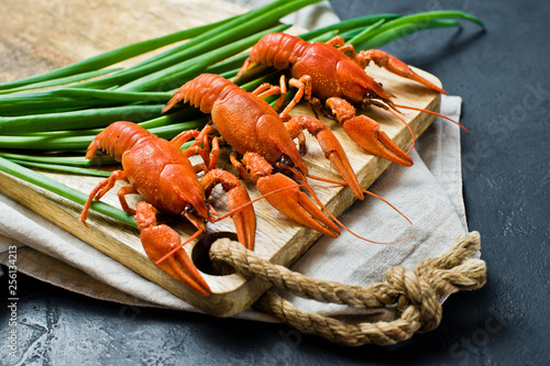 Cooked red river crayfish on a wooden chopping Board. Black background, top view. photo