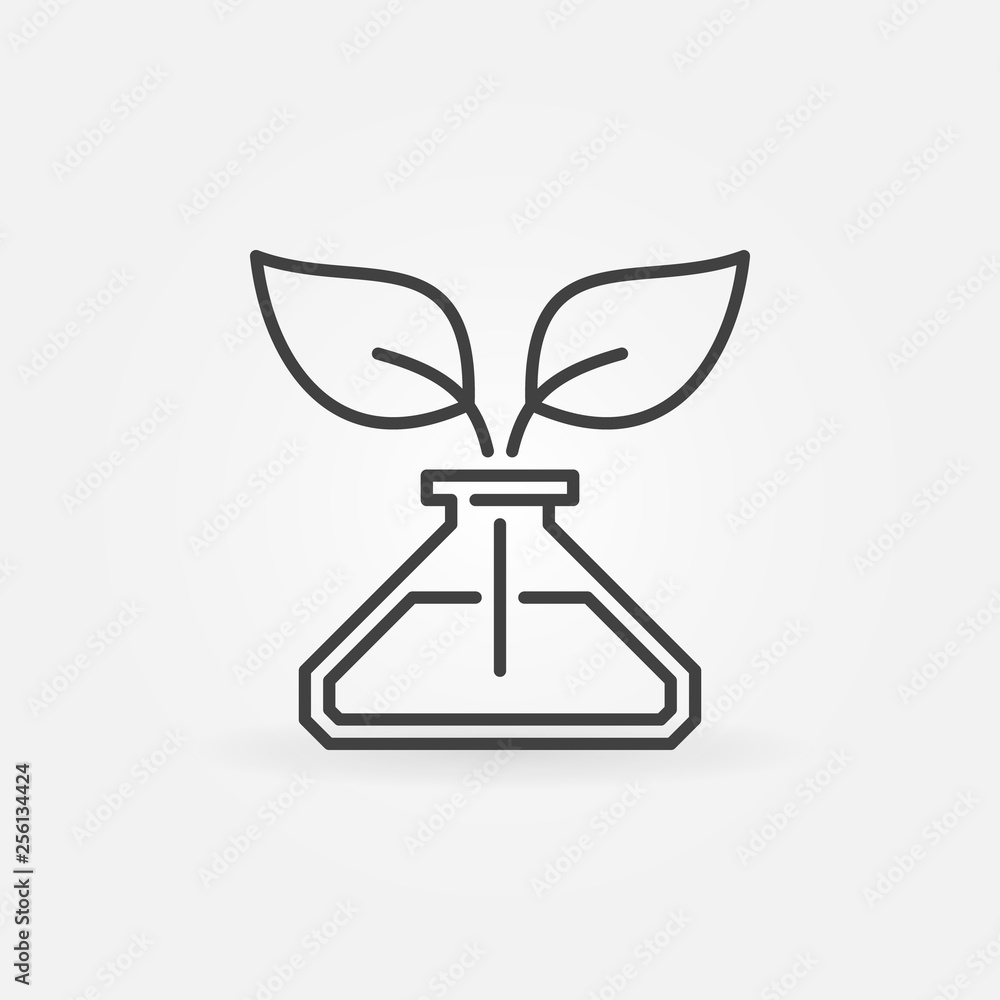 Leaves in conical flask vector concept icon or symbol in thin line style Leaves in conical flask vector concept icon or symbol in thin line style