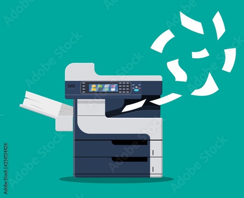 Professional office copier, multifunction printer printing paper documents. Printer and copier machine for office work. Vector illustration in flat style photo