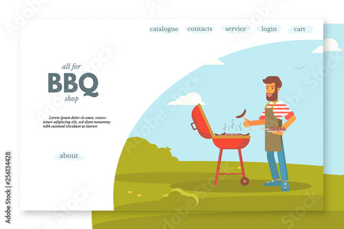 BBQ shop flat landing page vector color template