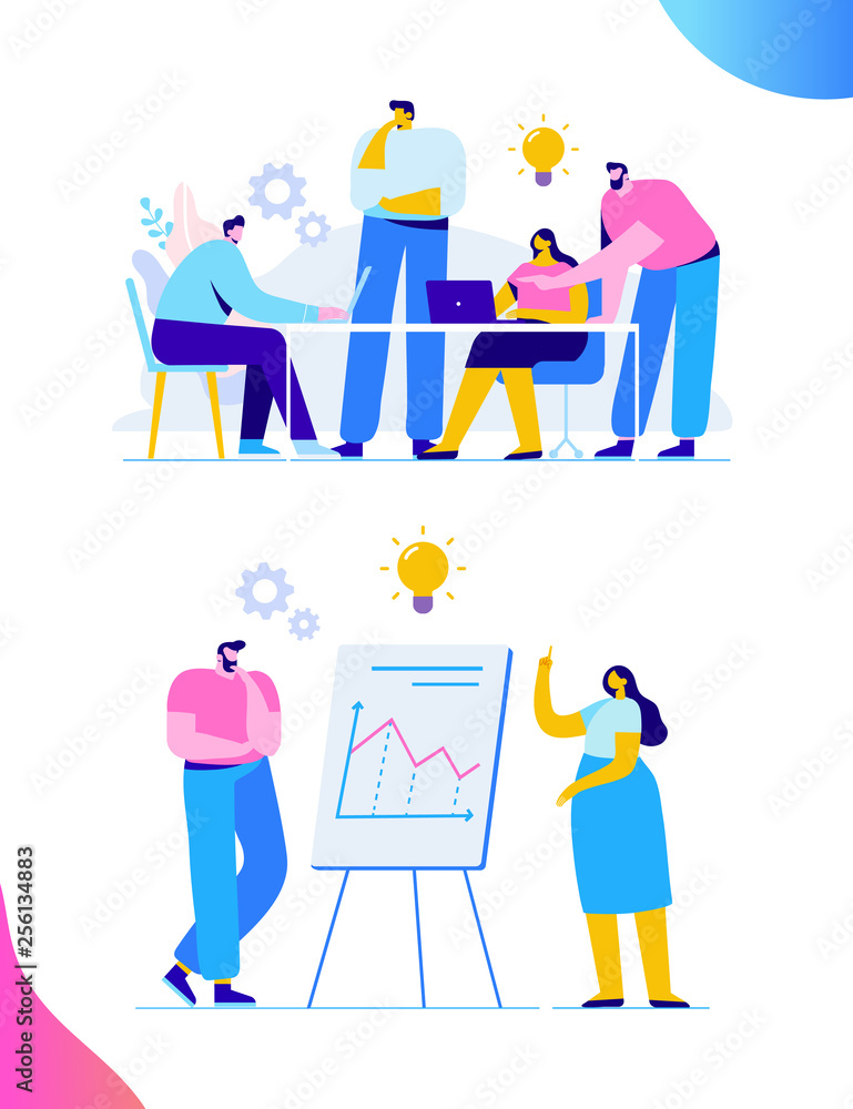 Brainstorming creative team idea discussion people. Teamwork staff around table laptop. Team thinking and brainstorming.  Analytics of company information. Flat vector illustration