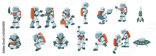 Cartoon spaceman, cosmonaut, spacesuit vector set isolated on white background