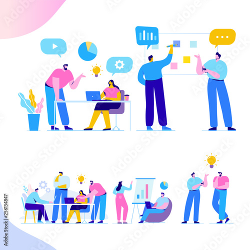 Brainstorming creative team idea discussion people. Teamwork staff around table laptop. Team thinking and brainstorming.  Analytics of company information. Flat vector illustration
