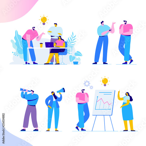 Brainstorming creative team idea discussion people. Teamwork staff around table laptop. Team thinking and brainstorming.  Analytics of company information. Flat vector illustration