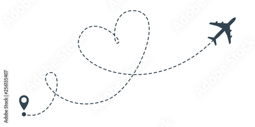 Heart airplane route icon. Vector airplane heart flight dash line with location pin