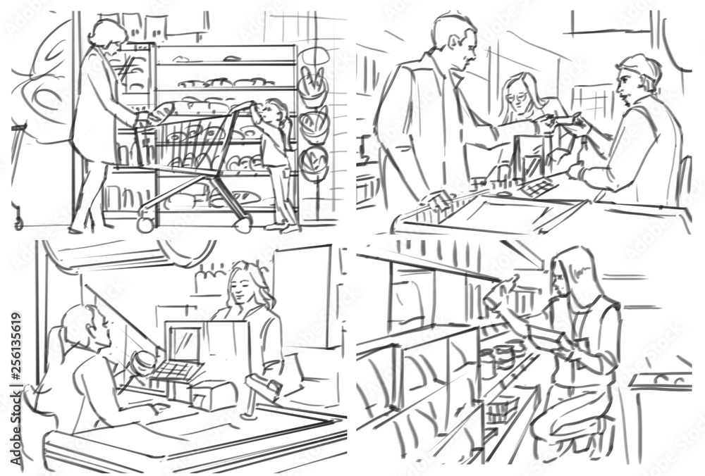 Storyboard with people at grocery/cafe