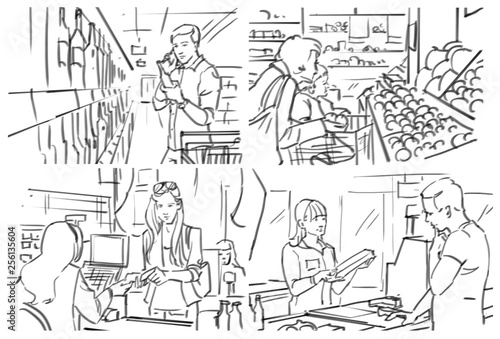 Storyboard with people at grocery/cafe