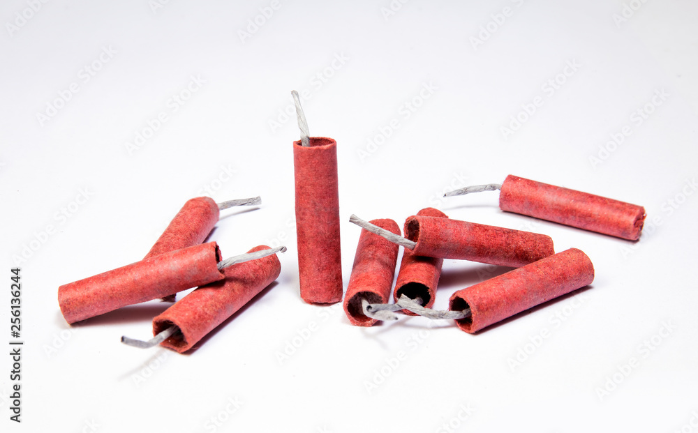 Red Firecrackers isolated on white background - obrazy, fototapety, plakaty 
